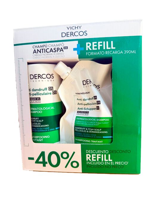 Vichy Dercos champú anticaspa cabello normal a graso 390ml+Recarga 390ml